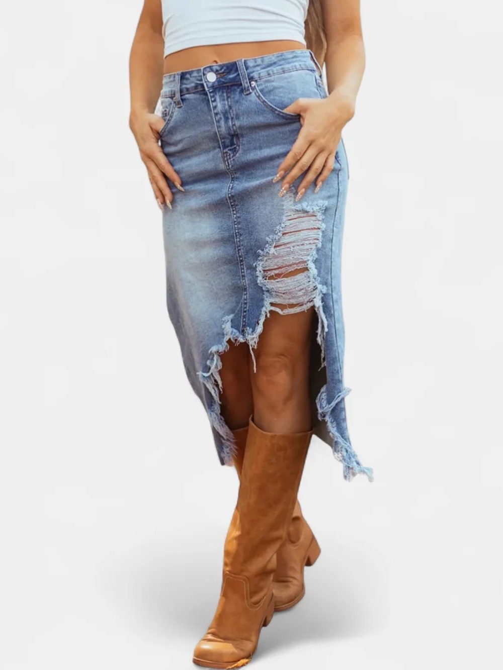 Distressed High-Low Stretch Denim Midi Skirt - Light Blue